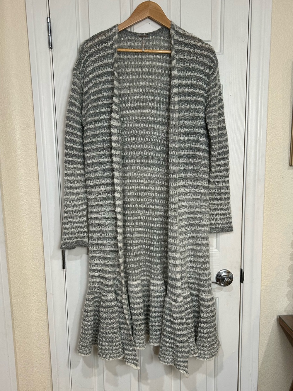 Free People Grey White Striped Longline Duster Cardigan Ruffle Hem Size L